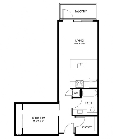 Floor plan for 1 bed, 1 bath, 627 sqft